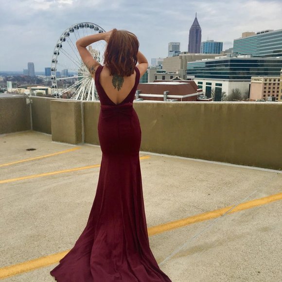 Mermaid Backless Burgundy Chiffon Long Prom Dress - Picture 2 of 5